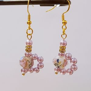 Lavender Gold Sand Lampwork Crystal and Pearl Fashion Earrings